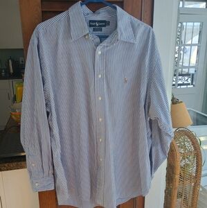 Ralph Lauren Yarmouth Blue & White Stripe Button Down Shirt Size 17 1/2 x 35